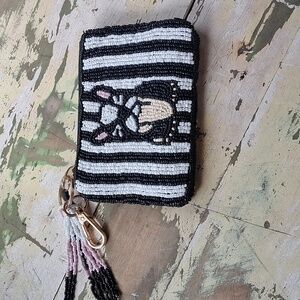 Beaded Black & White Striped Card Holder with Dog Motif